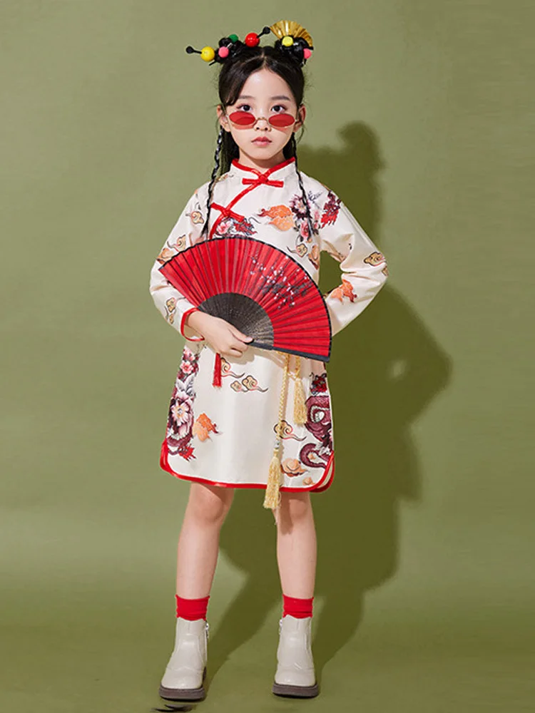 Girls Cheongsam Hanfu Costume Red White Print Tops Red Pants Skirt for Kids Boys Chinese Traditional Clothing