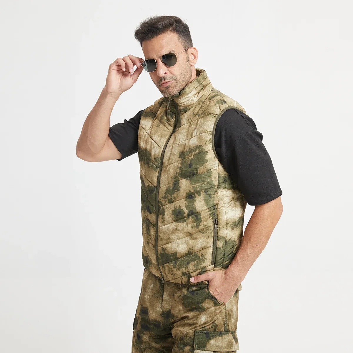 Colete esportivo casual masculino com vários bolsos, zíper, quente, camuflagem, tático, ao ar livre, caminhadas, tops de caça