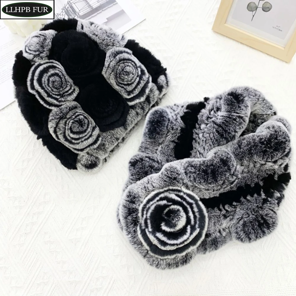 New Natural Warm Real Rex Rabbit Fur Cap Scarves Sets Lady Knitted Warm 100% Genuine Fur Hats Muffler Women Winter Fur Hat Scarf