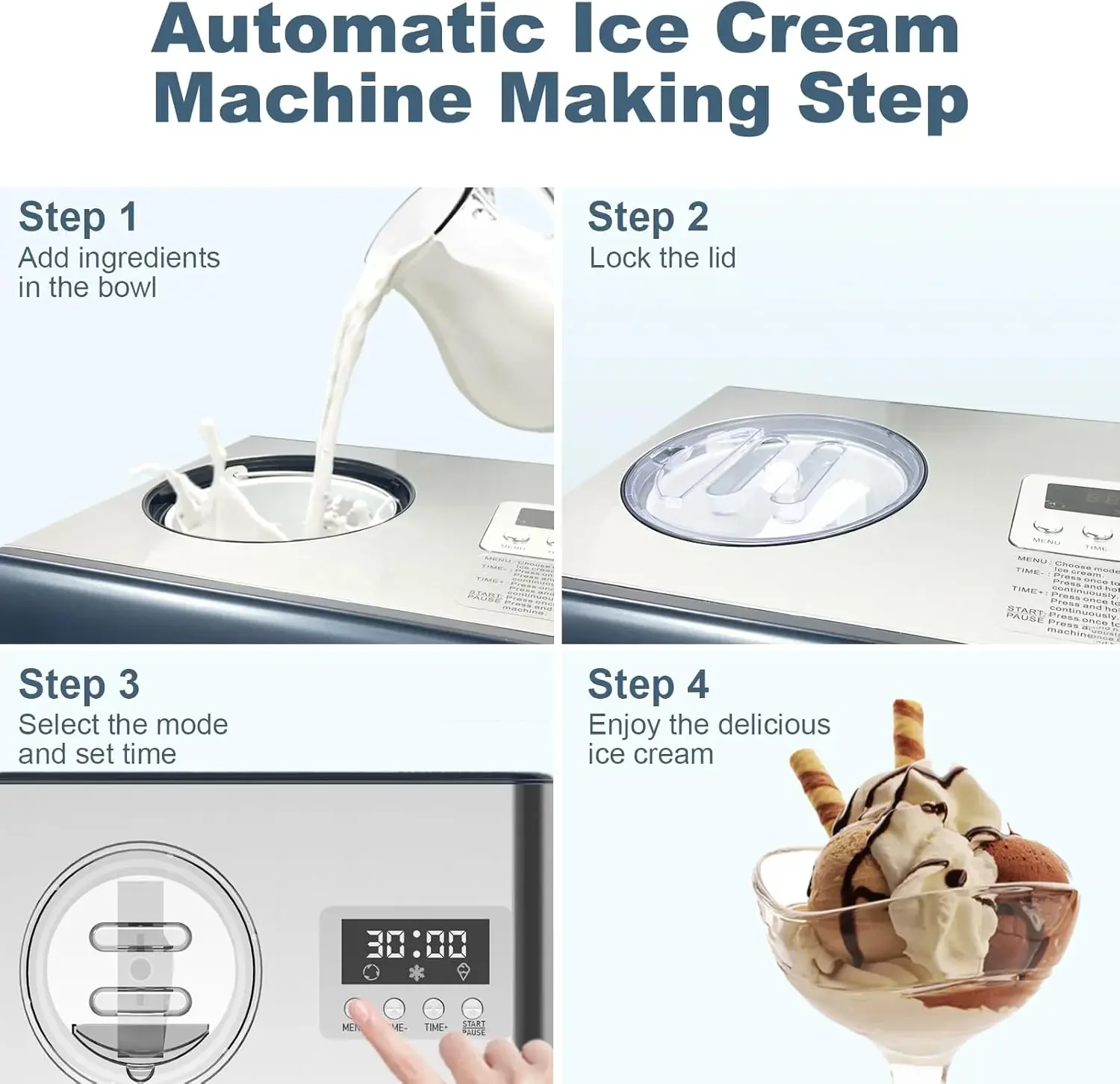 Máquina para hacer helados con compresor, pantalla digital LCD y temporizador, sin precongelante, máquina para hacer helados eléctrica automática para el hogar