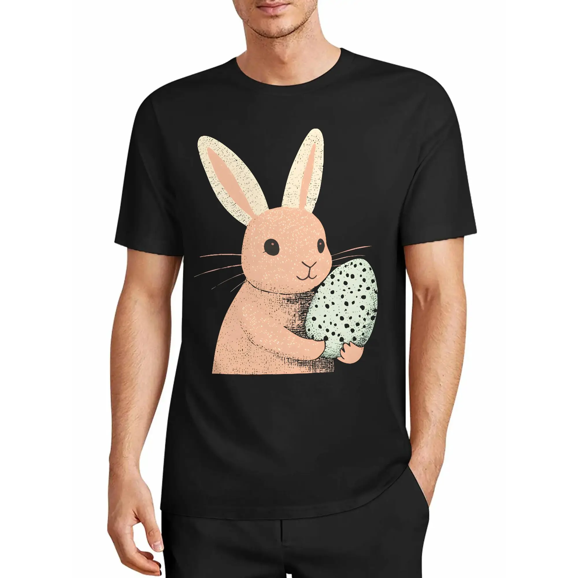 Roughly Hand-Drawn Texture Outlines a Soft and Cute Bunny, a Speckled Easter Egg Brimming with the Unique Sweetness and Warmth of Spring. Loose Short-Sleeved Top with Black Background