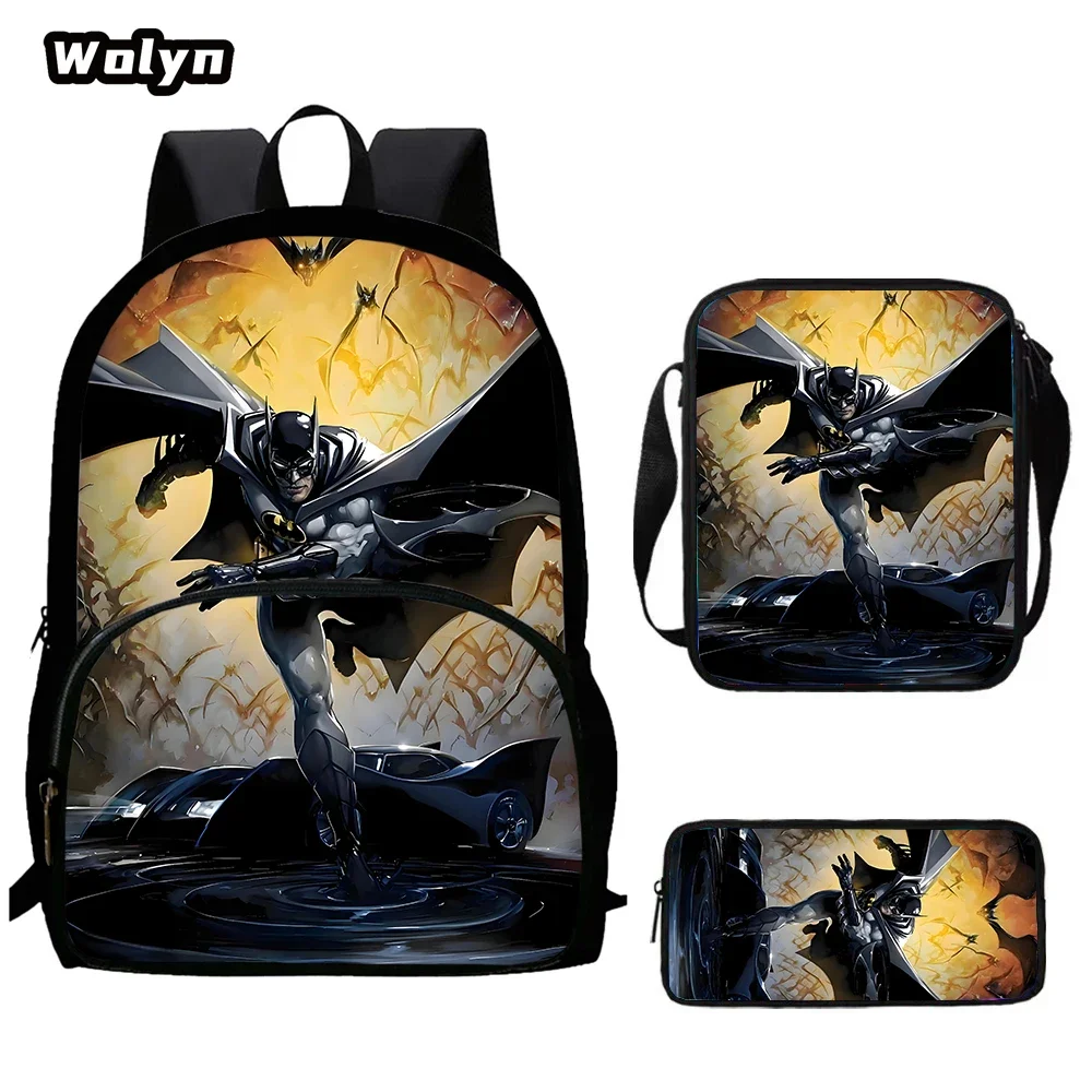 3Pcs Set Cartoon Bat-Prints School Backpack,Shoulder Bags,Pencil Bags for 4-8 Years Old Anime Bat-Prints School Bag for Boy Girl