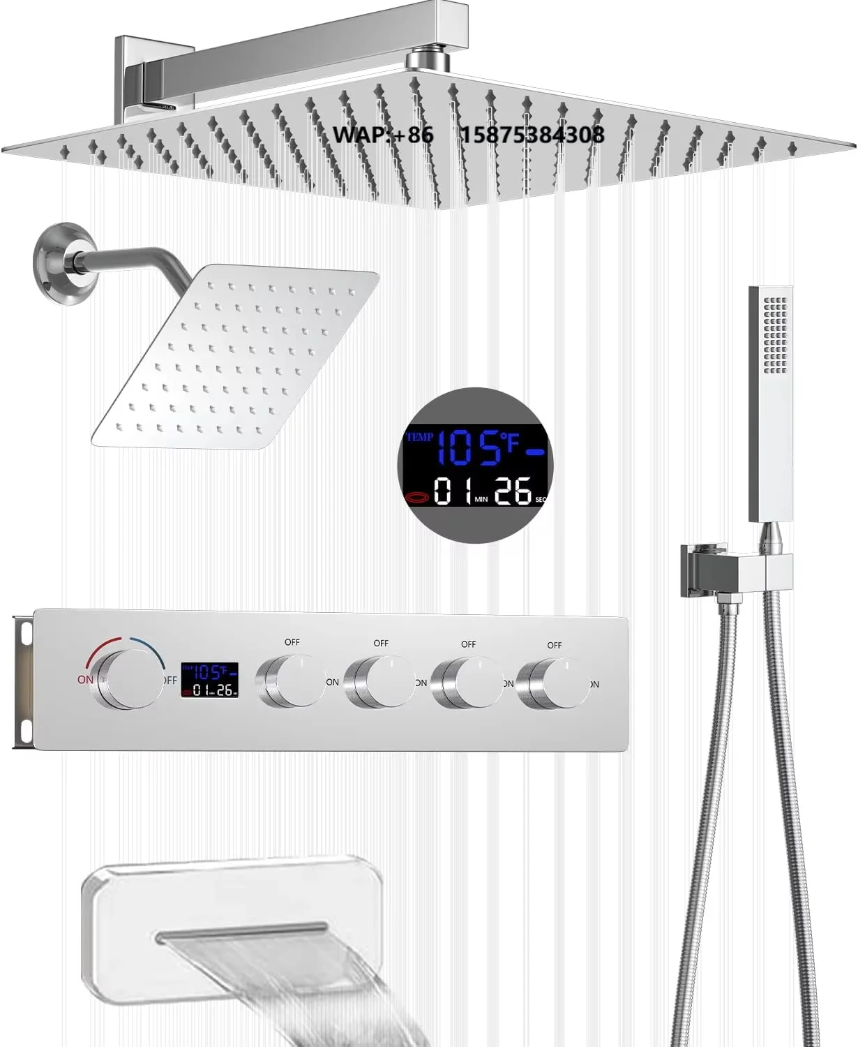 Thermostatic Rainfall Jet Shower System Temperature Display Polished Chrome Finish Modern Rectangle Design Wall Mount Shower