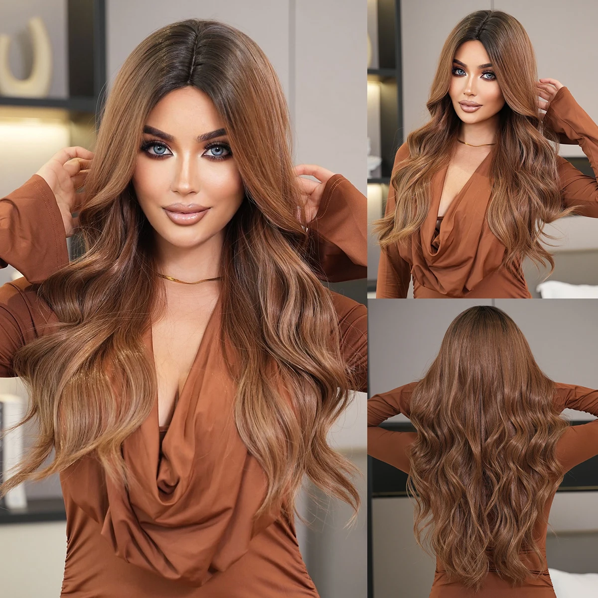 NAMM Long Loose Wave Light Camel Wigs With Dark Roots High Quality Synthetic Layered Middle Part Hair Wig For Women