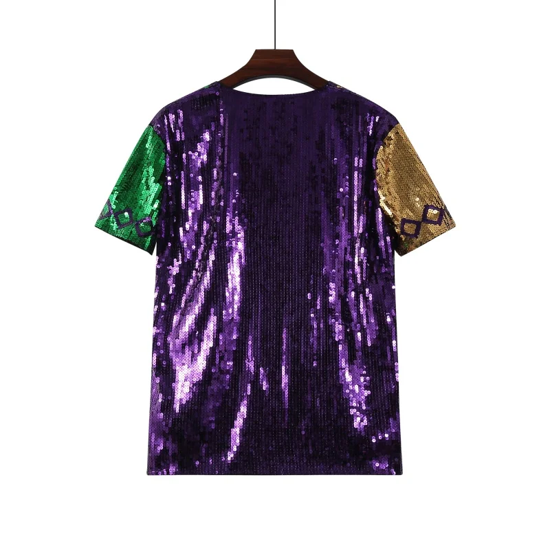 

Women New Summer Short Sleeve Loose Fashion High Quality Jackets Plaid Round Neck Patchwork Color Streetwear Sequin Coat