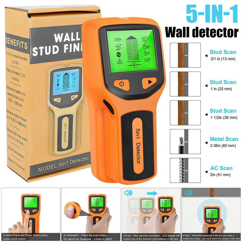 5 in 1 Stud Finder Wood Metal Pipe Sensor AC Cable Live Wire Detector Electric Wall Detector Scanner Depth Measurement Finder