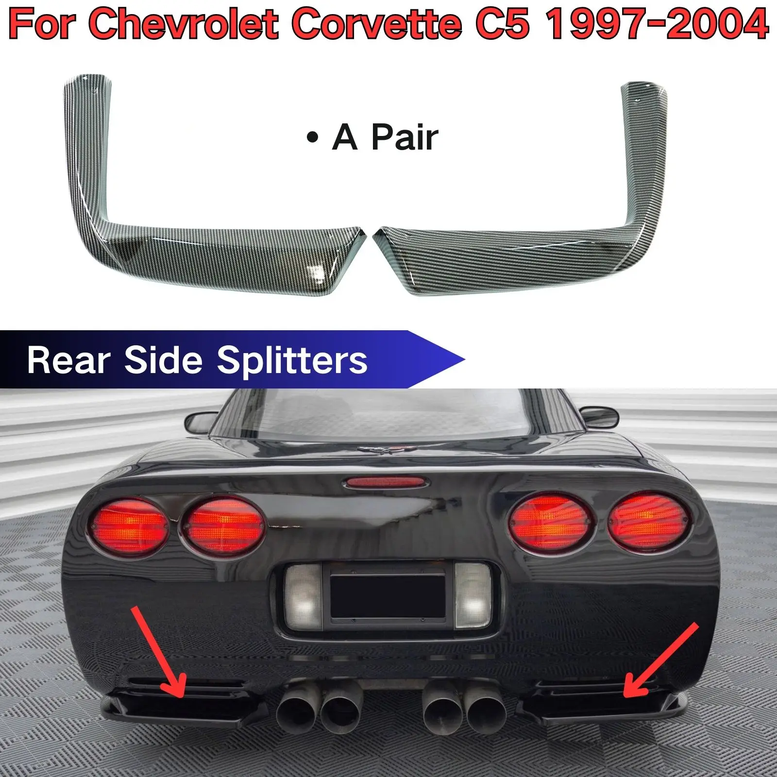 

For Chevrolet Corvette C5 1997-2004 Rear Side Splitters Bumper Corner Glossy Black Carbon Fiber Print Car Accessories Body Kit