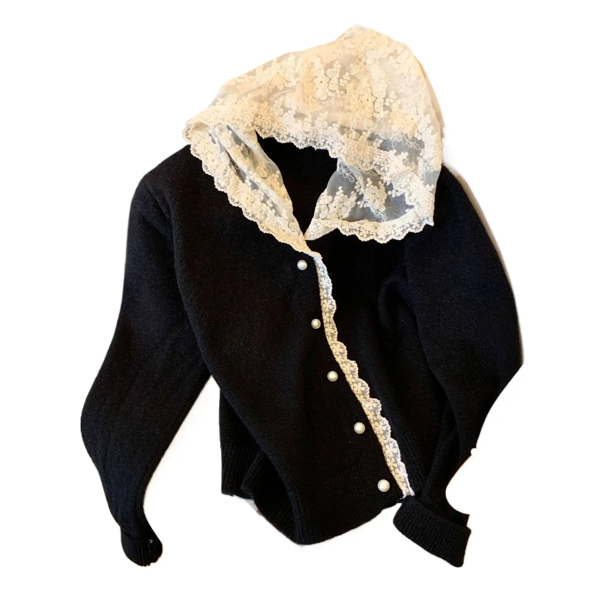 

Кружевной свитер с капюшоном во французском стиле, однобортный вязаный кардиган с длинными рукавами, женский весенний новый универсальный свободный топ