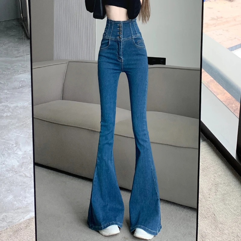 Single Breasted High Waist Flare Jeans For Women Spring Autumn High Street Slim Boot Cut Denim Pants Ladies Fishtail Jeans