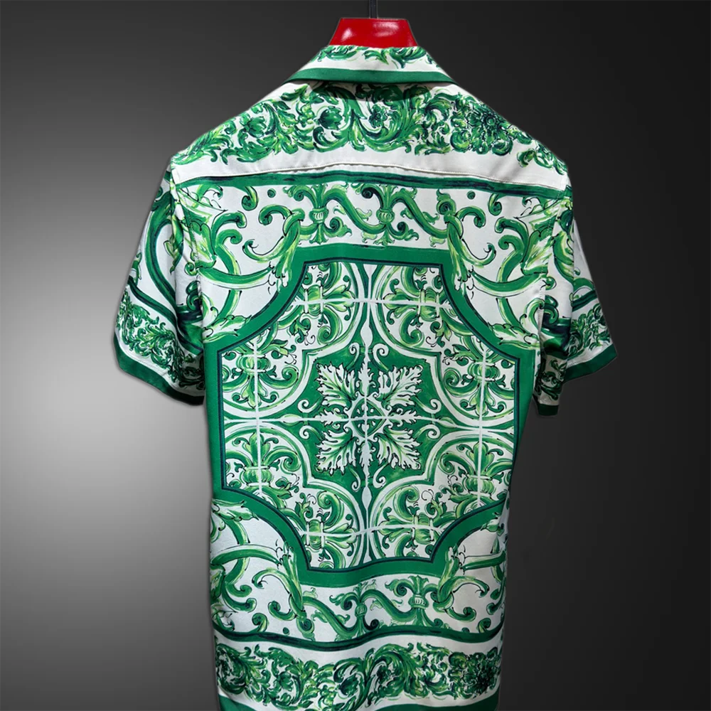 Green Shirts Men Dress Camiseta Hombre Social Shirt Flower Shirt Men Streetwear European Print Shirt Camisa Floral Masculina