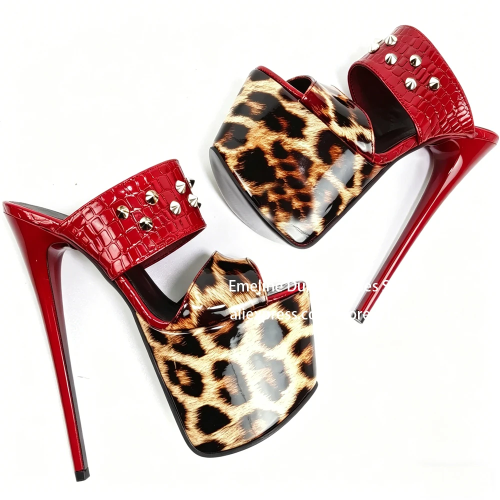 

Leopard Print Croc Pattern Spike Stud Platform Stilettos Sandals Sexy Women Slip on Open Toe High Heel Slipper Club Party Street
