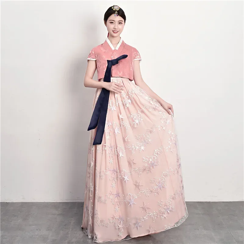 Korean Traditional Palace Female Hanbok Costume Short Sleeve Minority Dance Performance Dress Elegant Princess Wedding Party