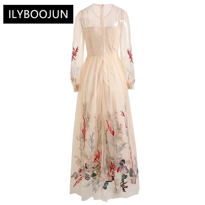 Autumn Mesh Long Dress Women O-Neck Lantern Sleeve Flower Embroidery High Waiste Party Dresses For Women 2023 Luxury Brand High