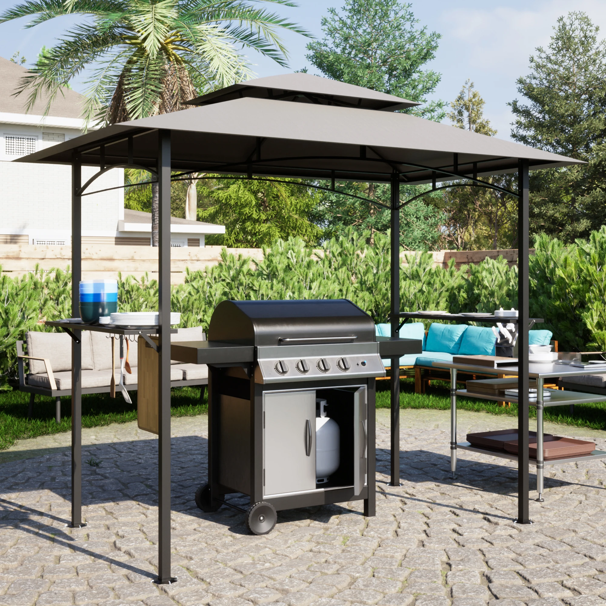 

8 x 5 FT Grill Pergola Tent with Air Vent Double Tiered BBQ Gazebo Outdoor Barbecue Canopy, Khaki