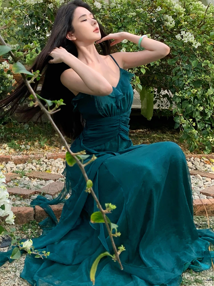 2025 グリーンパッチワーク ラッフルVネック セクシー スリング ロングドレス レディース エレガント ラグジュアリー ドレス サマー 韓国 ヴィンテージ フェスティバル パーティー ドレス
