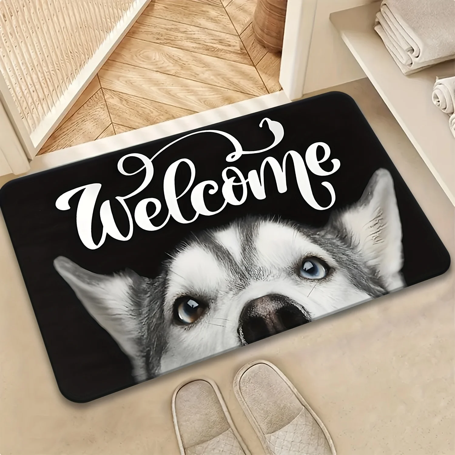 Cute Husky Welcome Doormat, Non-Slip Entryway Rug, Durable Washable Floor Mat for Kitchen and Laundry