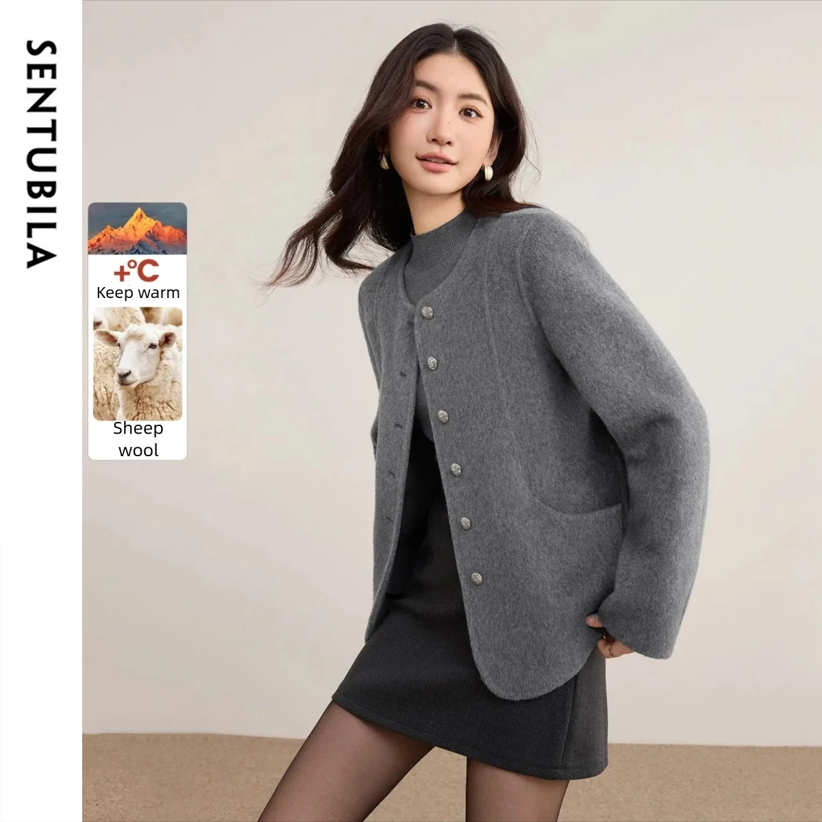 

SENTUBILA женская шерстяная куртка 2025, зимняя однотонная куртка с круглым вырезом и длинными рукавами, двусторонняя шерстяная женская одежда с карманами W54OF8772