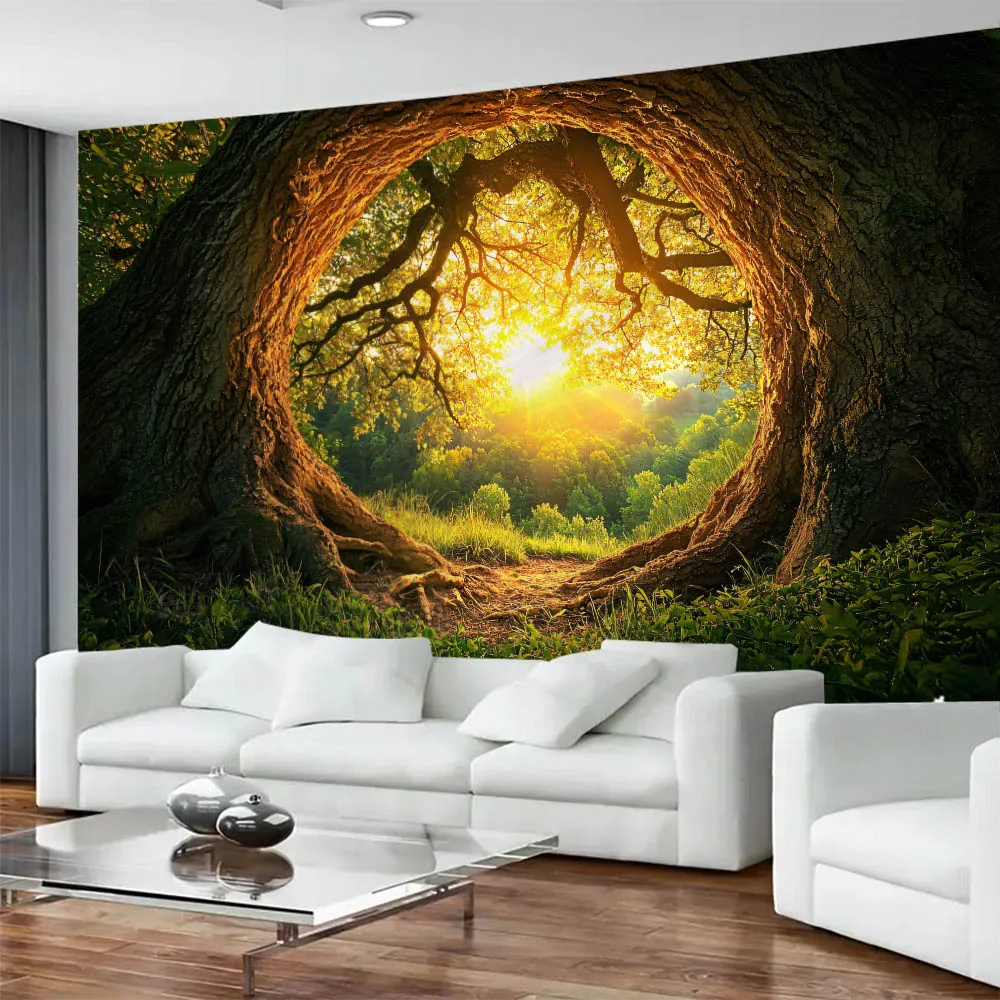 Bohemian Tree Cave Landscape Tapestry Forest Waterfall Wall Fabric Mural for Home Dormitory Office Decorative Background Poster