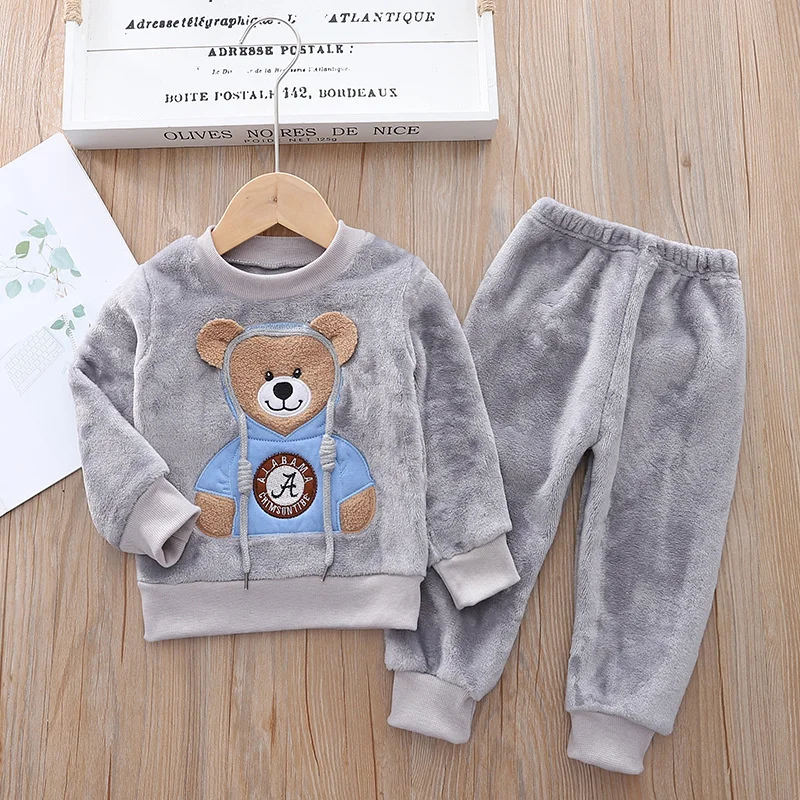 Kids Fleece Clothing Sets Winter Plus Velvet Warm 2Pcs Cartoon Bear Outfits Baby Boys Girls Clothes Casual Tracksuit Suits 1-6Y