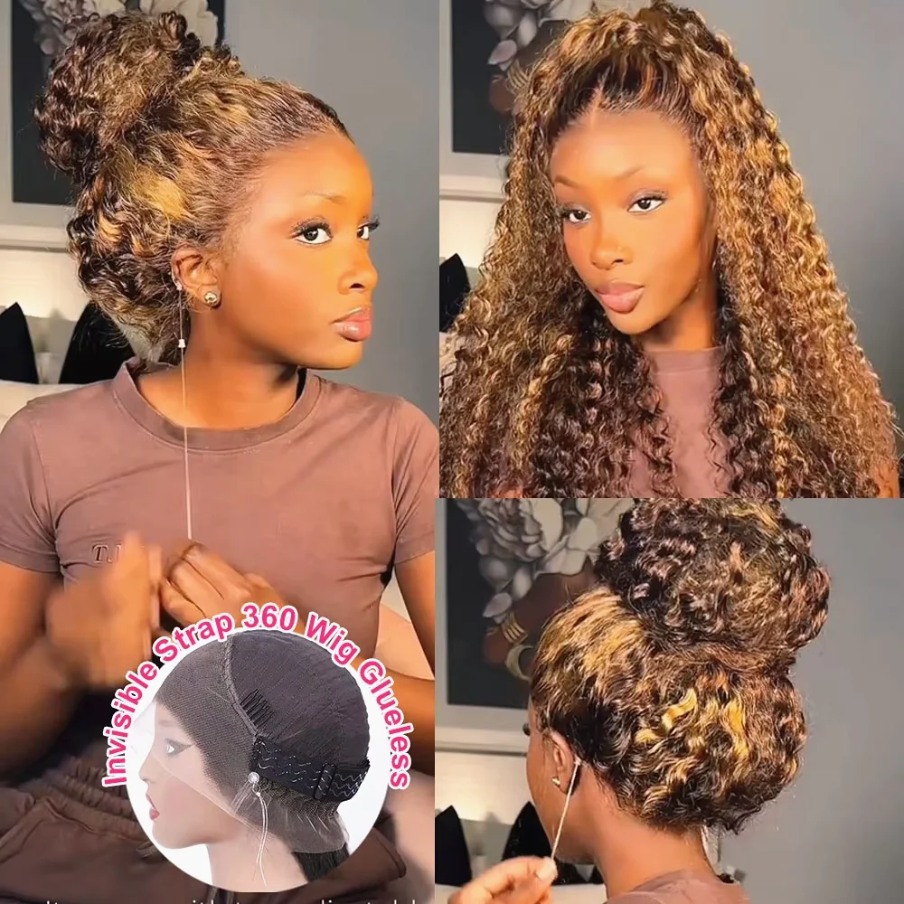 Invisible Strap 360 Full Lace Glueless Wig P4/27 Highlight 13x6 HD Lace Frontal Curly Human Hair Wigs Deep Water Wave For Women