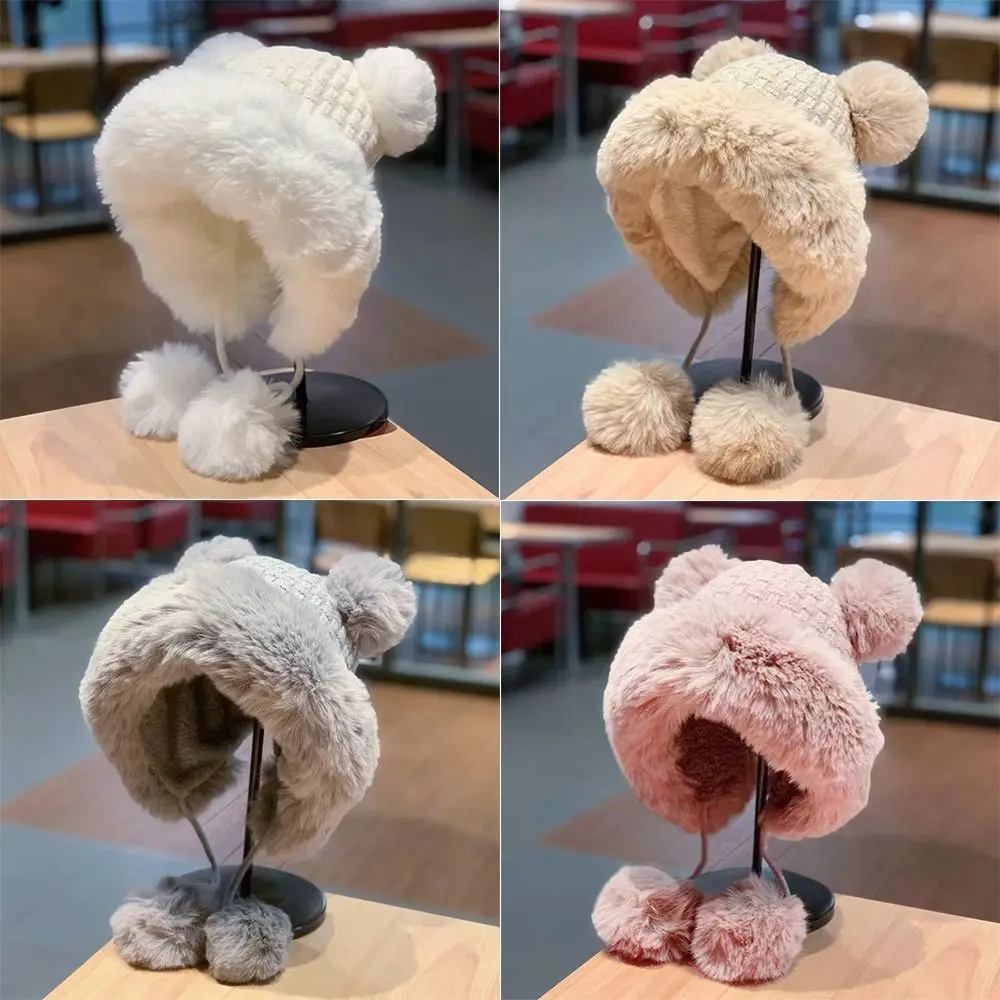

Бархатная теплая зимняя шапка Kawaii, милая шапка-бомбер с медвежьими ушками, утолщенная защитная шапка для ушей для женщин