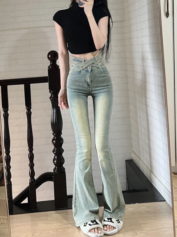 Hotsweet Flare Jeans Women Slim Vintage Washed European Style High Waist Full Length Criss-cross Asymmetrical Spring Retro Chic