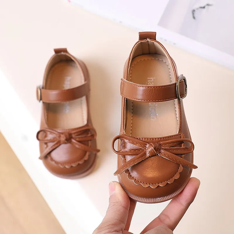 Toddler Girls Bowtie Princess Shoes Baby Girls Casual Soft Leather Mary Jane Shoes Kids Baby Hook Loop Flats 3-6Y Spring Autumn