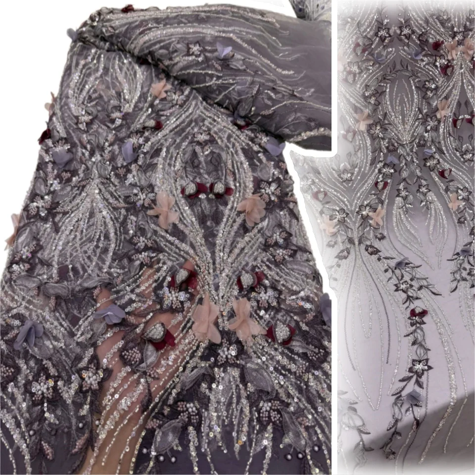 

African Lace Fabric Beaded Lace Fabric with Sequins Nigerian Bridal High Quality Embroidery Tulle Lace Fabric for Wedding SZ1336