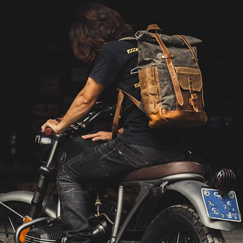 

Vintage motorcycle backpack Oil waxed canvas bag Travel large capacity trend backpack