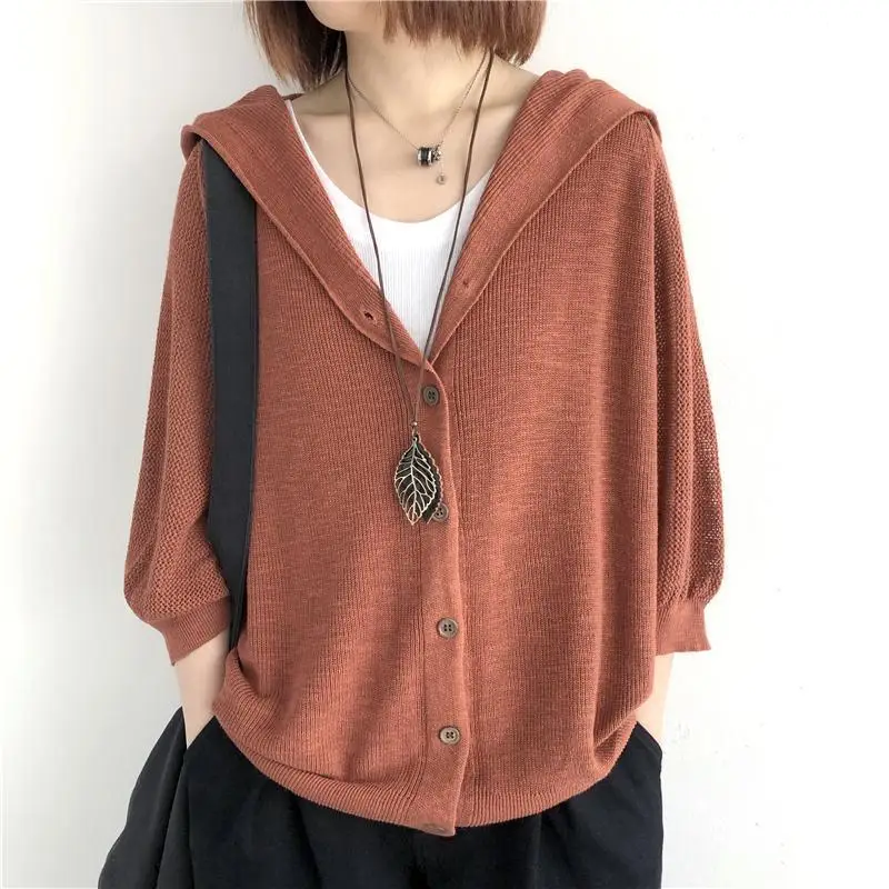 Knitted cardigan outerwear for women\'s spring and summer new solid color loose oversized hooded top with thin cut out 7/4 sleeve