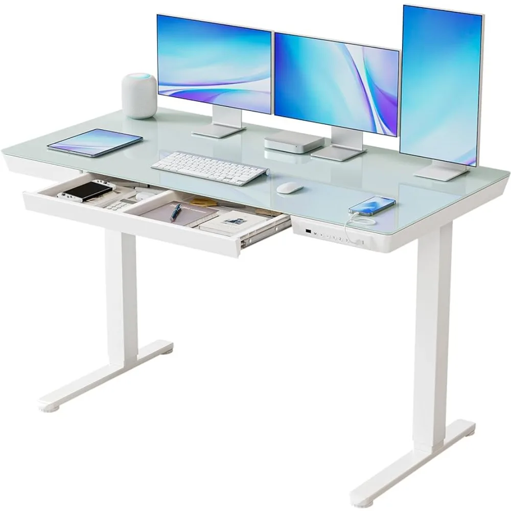 Electric Standing Desk with Drawers,55 Inch Whole-Piece Glass Desktop,Height Adjustable Stand Up Sit Stand Home Office Ergonomic