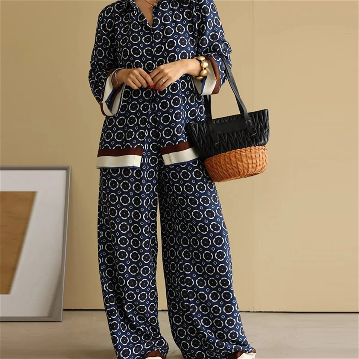 Women Printed Pant Sets 2024 Autumn Spring Long Sleeve Shirts Wide Leg Pants Suit Casual Loose Vintage New In Lady 2 Piece Set