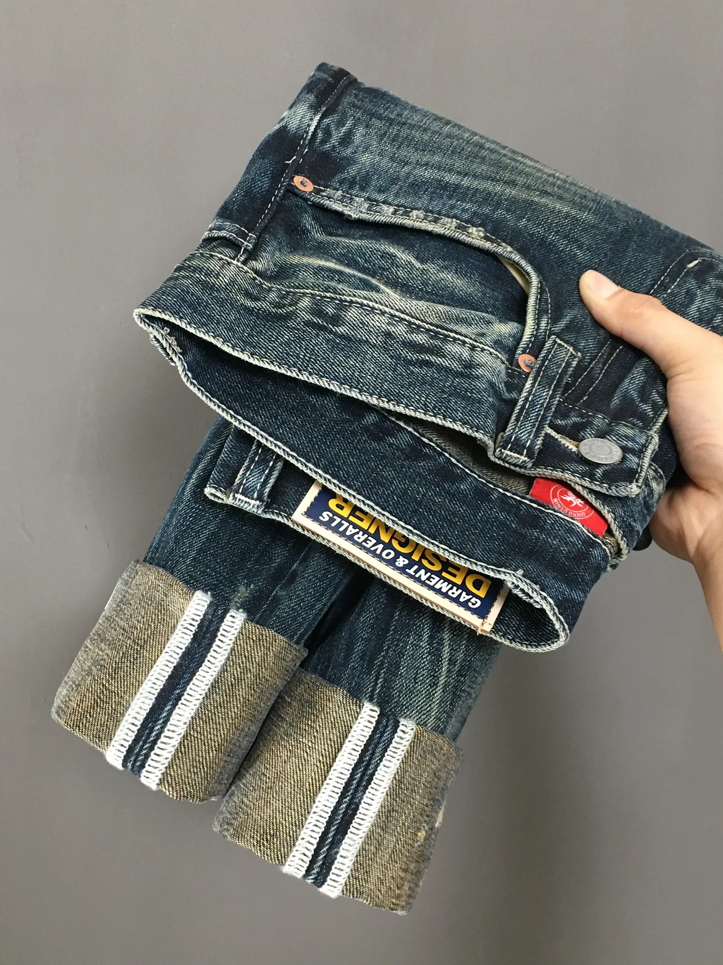 Pantalones vaqueros rasgados de alta calidad para hombre, pantalones holgados y rectos con parche Vintage americano, pantalones de calle desgastados lavados de algodón 100%