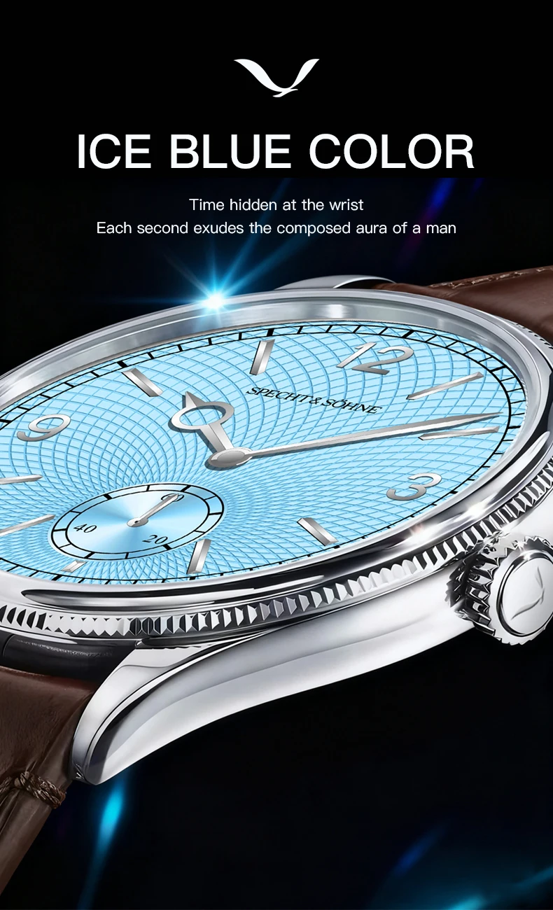 ساعة Specht & Söhne الجديدة باللون الأزرق الجليدي 1908 للرجال كرونوغراف ساعة يد ميكانيكية أوتوماتيكية بحزام من الجلد الطبيعي ساعات عتيقة #5