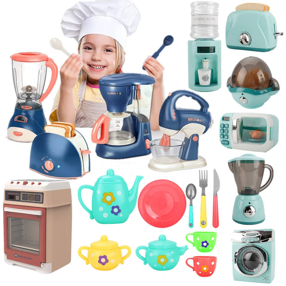 Kitchen Home Appliances Toy Kids Pretend Play Set Household Coffee Maker Mixer Toaster Vacuum Cleaner Playset for Children Gifts