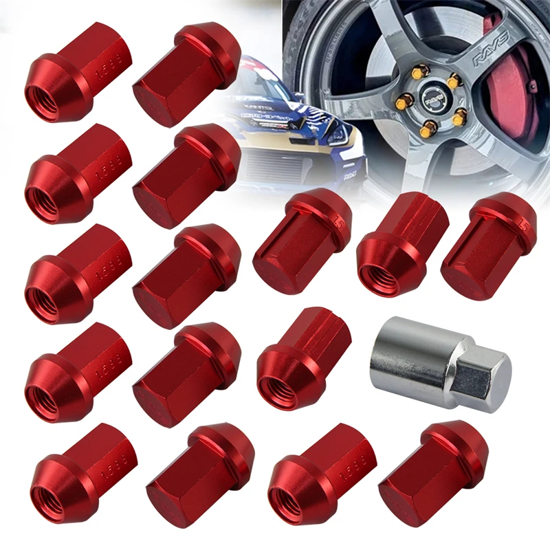 Red/Silver M12X1.5MM 20 Pieces Aluminum Closed Ended Lug Nuts with Locking Key Red/Silver