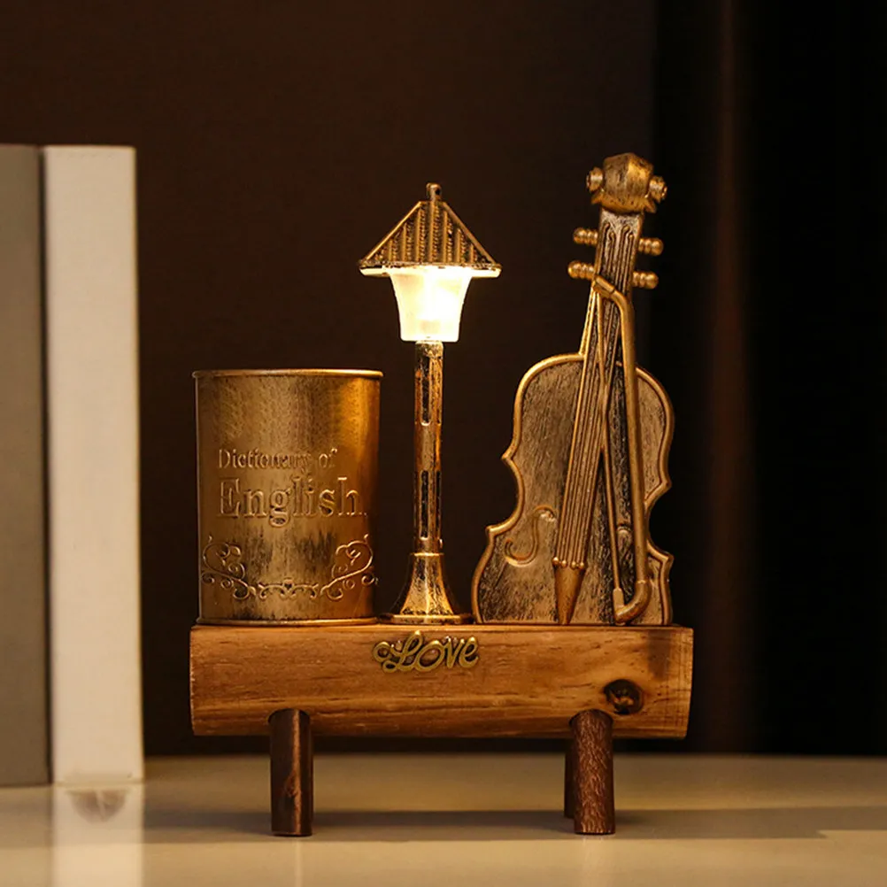 Retro Violin Night Lamp Pen Holder Sturdy Plastic Wooden Desktop Organizer Decorative Table Ornament Vintage Lighting