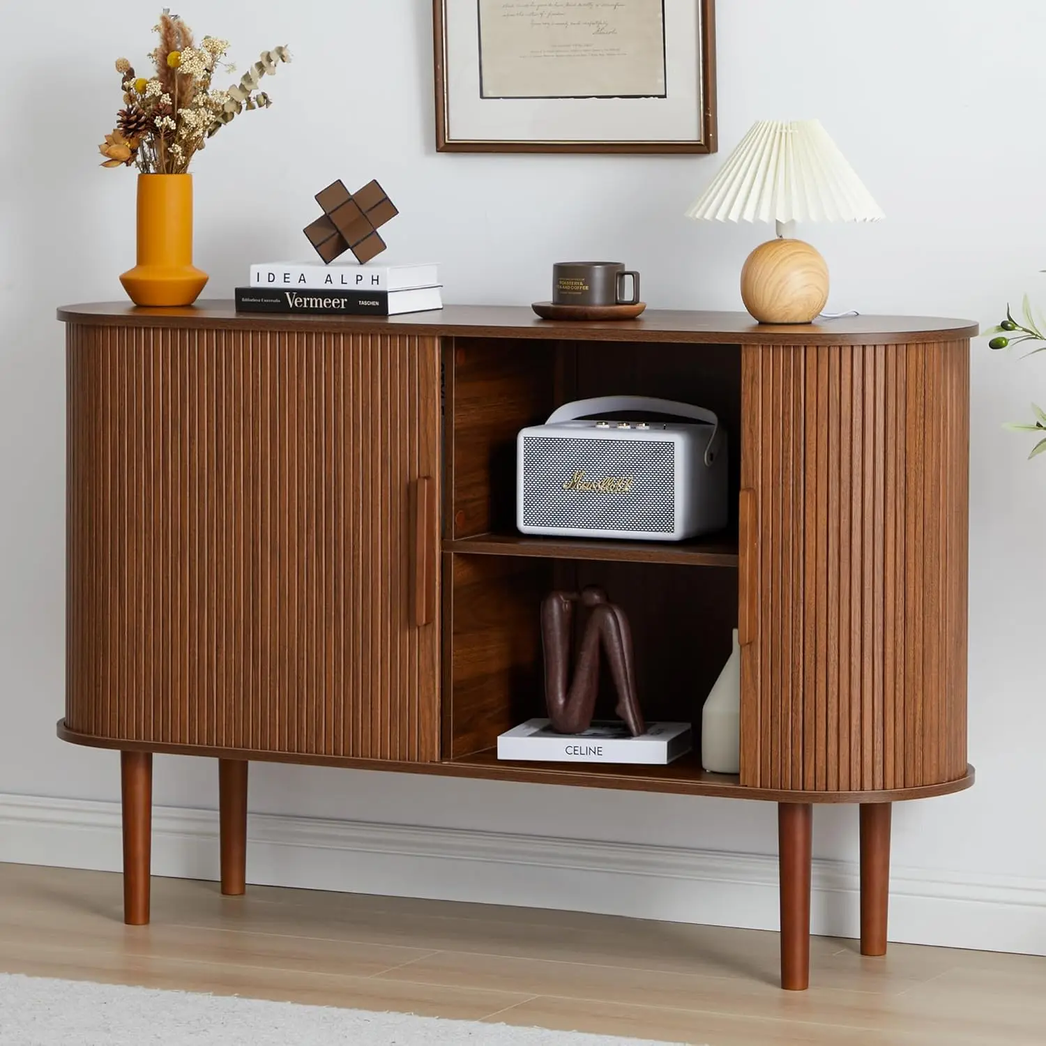 53' gecanneleerde dressoirkast, moderne credenza met schuifdeuren, notenhouten woonkamer eetkamer opbergruimte