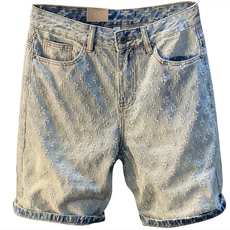 Scratch Denim Shorts Men's Summer Thin Straight Fashion Korean Style TrendsinsStreet Washed-out Vintage Casual Cropped Pants
