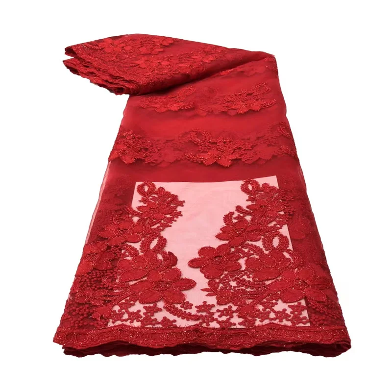

French red Sequins Lace Fabric 2022 High Quality Nigerian African Tulle Lace Fabric With Stones For Party Dress
