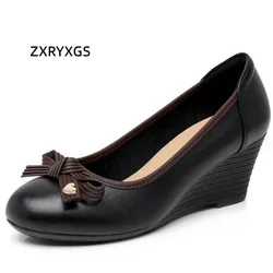 ZXRYXGS 2024 Premium Soft Cowhide Bow Spring Leather Shoes Wedges High Heel Shoes Elegant Fashion Shoes Woman New Shoes Pumps