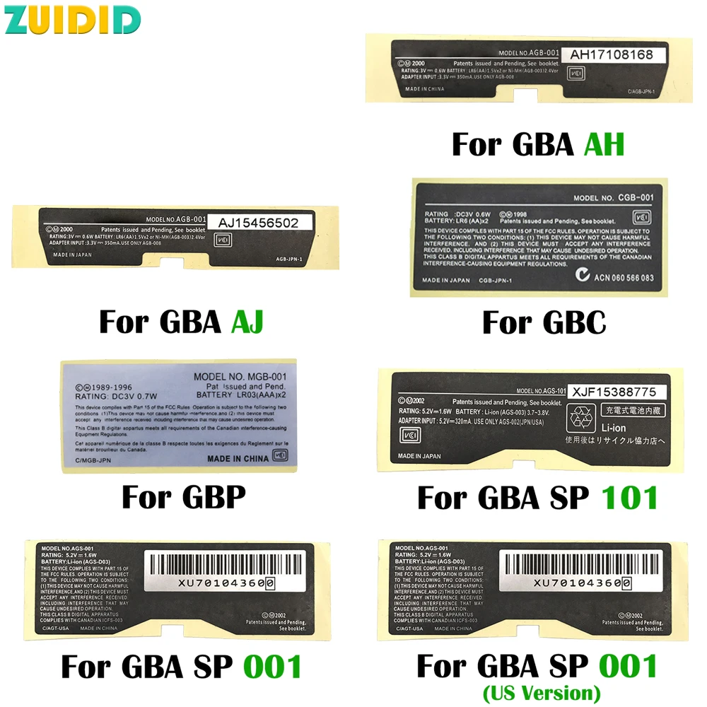 ZUIDID For Game Boy Advance SP Color Pocket Replacement MGB-001 Model Information Sticker For GBP GBC GBA SP JP/US/101/001 Label