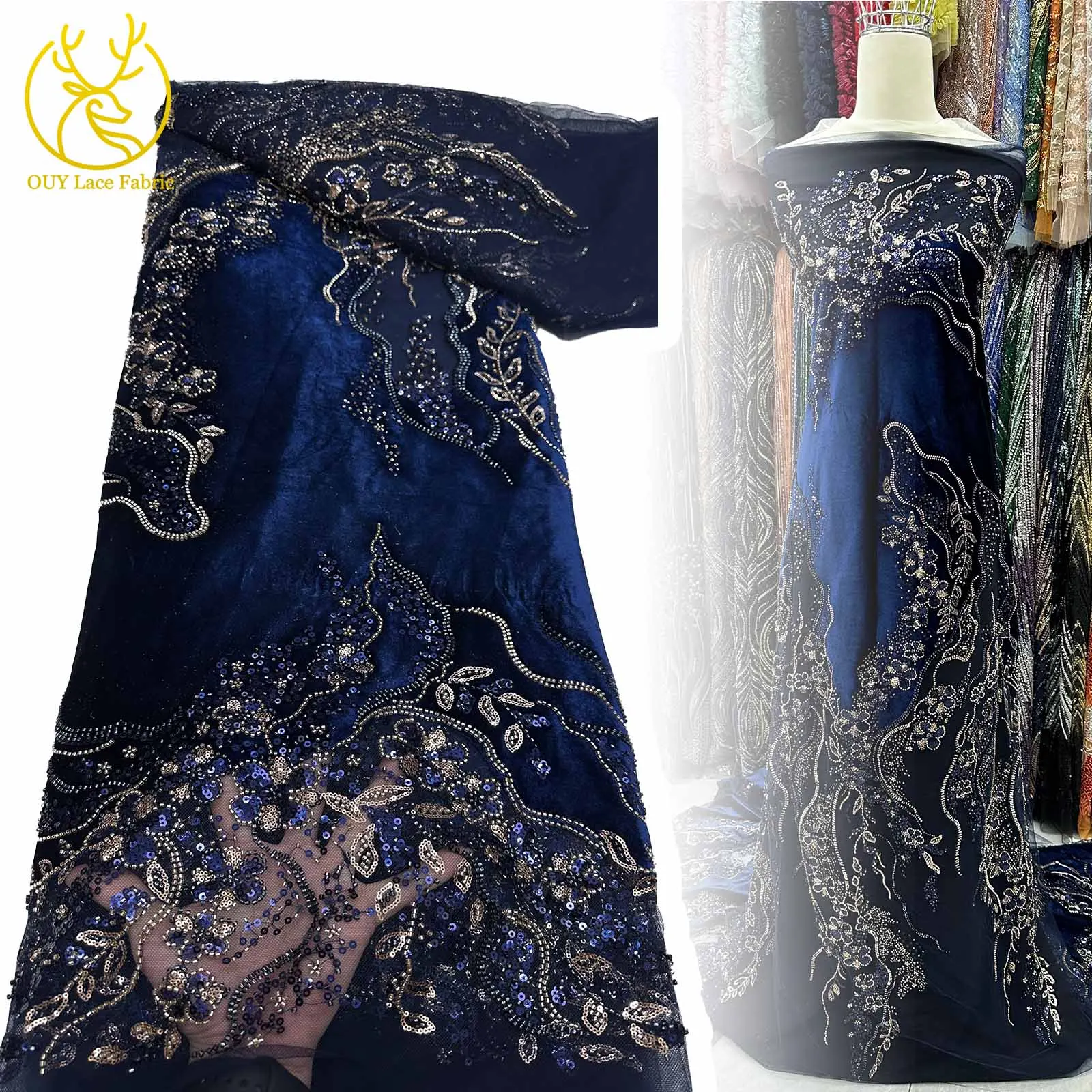 

Luxury Navy Blue Wedding Dress New French Velvet Sequin Lace Fabric 5 Yards Exquisite Nigerian African Hand Beaded Lace Fabric