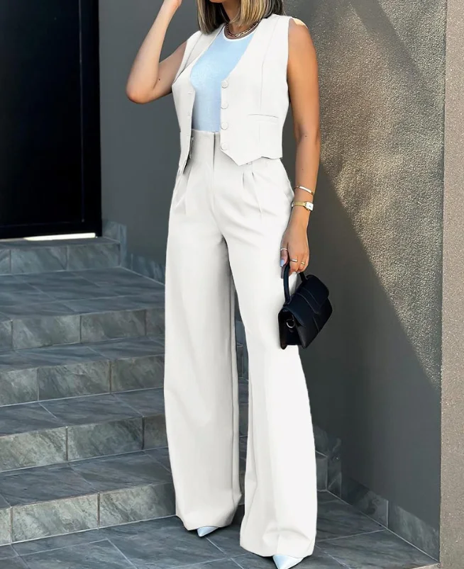 Office Female Two Piece Set Women Outfit 2023 Autumn New Fashion Buttoned Vest Top & Wide Leg Pants Set Temperament Commuting