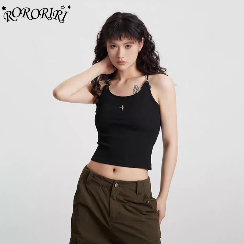 RORORIRI Y2k Metal Buckle Tank Top Women Star Pin Scoop Neck Pullover Rib Knit Stretchy Slim Sleeveless Vest Grayu Retro Clothes