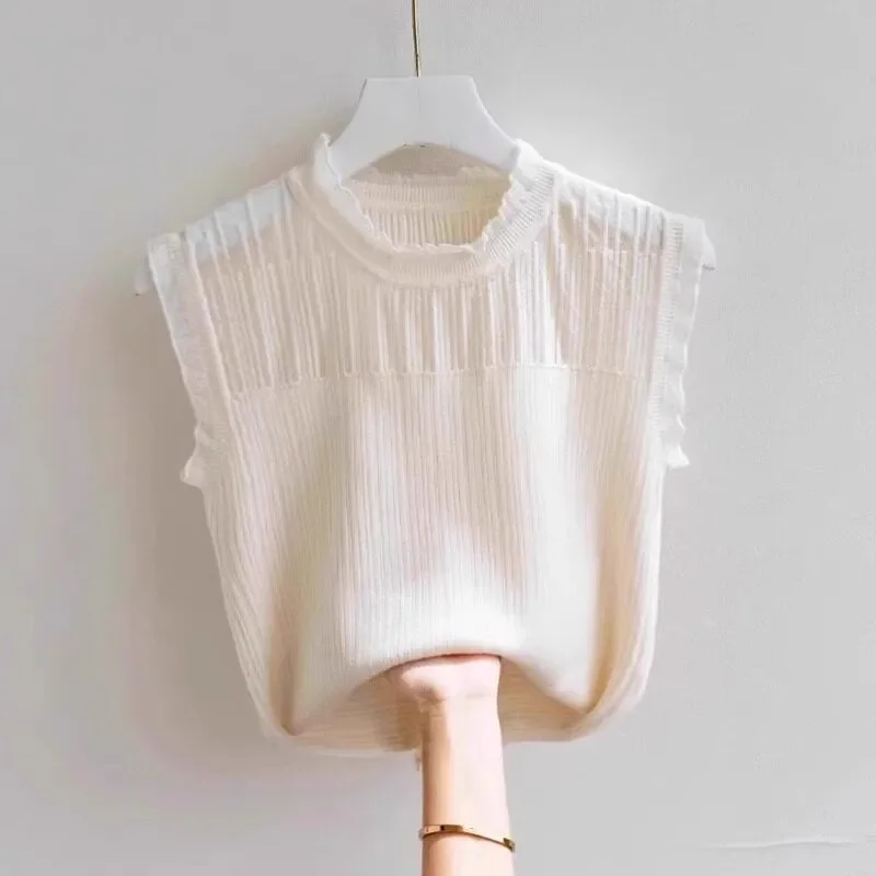 Women Lace Trim Mock Neck Knit  Top Sleeveless Slim Fit Layering Blouse For Blazer