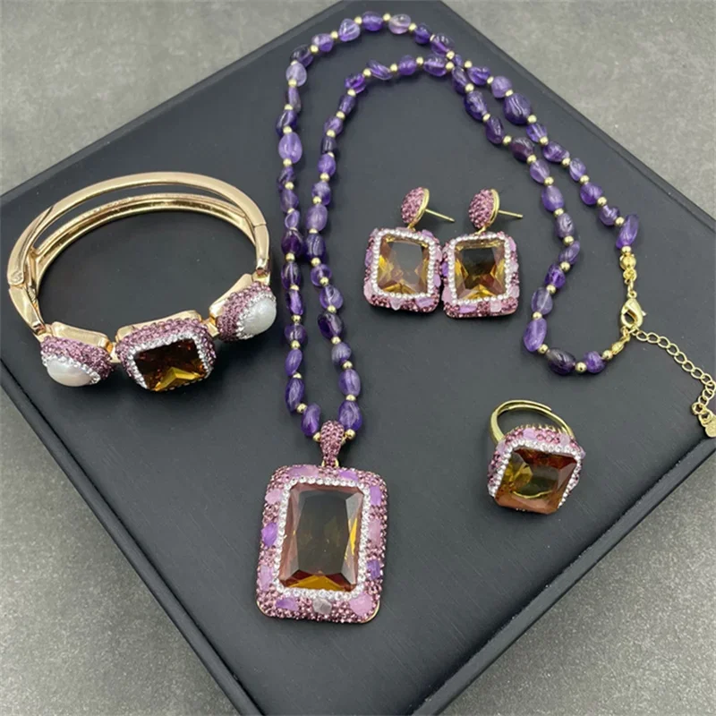 Large Zultanite Freshwater Pearl Jewelry Sudan Diaspore Stone Color Change for Women Tourmaline Quartz Neckalce Earring Jewelry