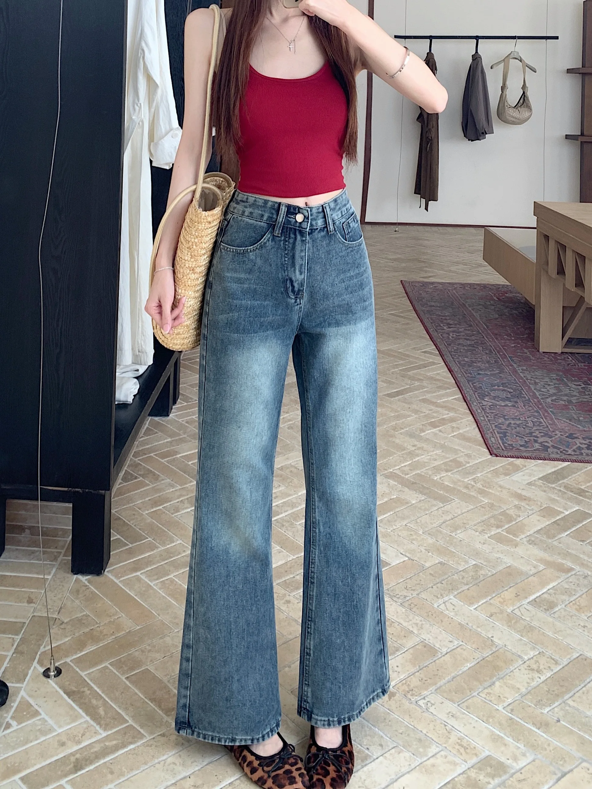 

Retro Washed American Style High Waist Straight Leg Jeans Women Summer Slimming Wide Leg Pants Versatile Classic Denim