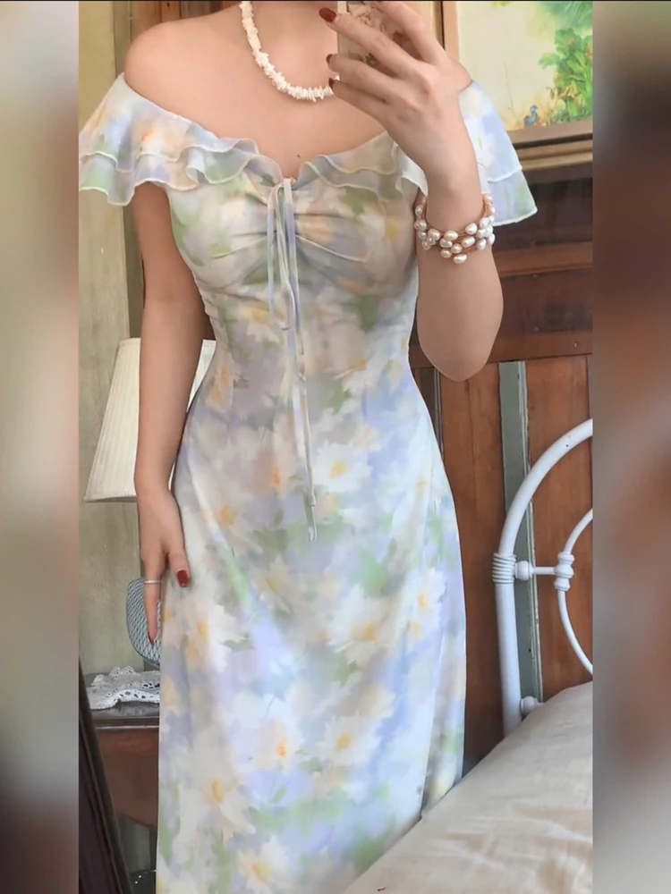 

Retro plus Size Floral Print One oulder Dr Women's Holiday Waist Cinching Long Skirt Korean Sle Commute Spring Summer