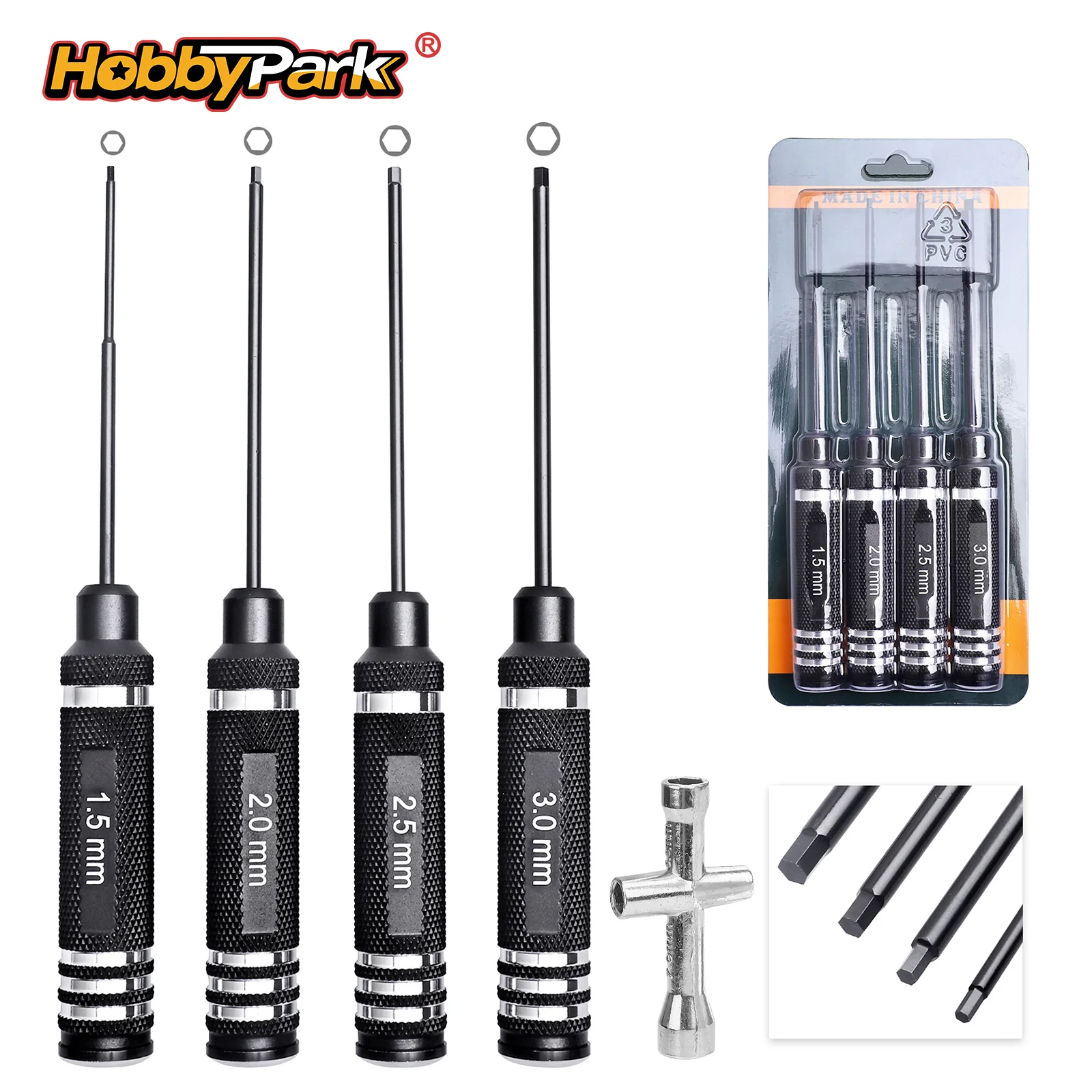 Hobbypark RC Hex Screwdriver Set 1.5 2.0 2.5 3.0mm Hex Driver Tool Kit for 1/8 1/10 1/16 1/24 RC Cars 4pcs